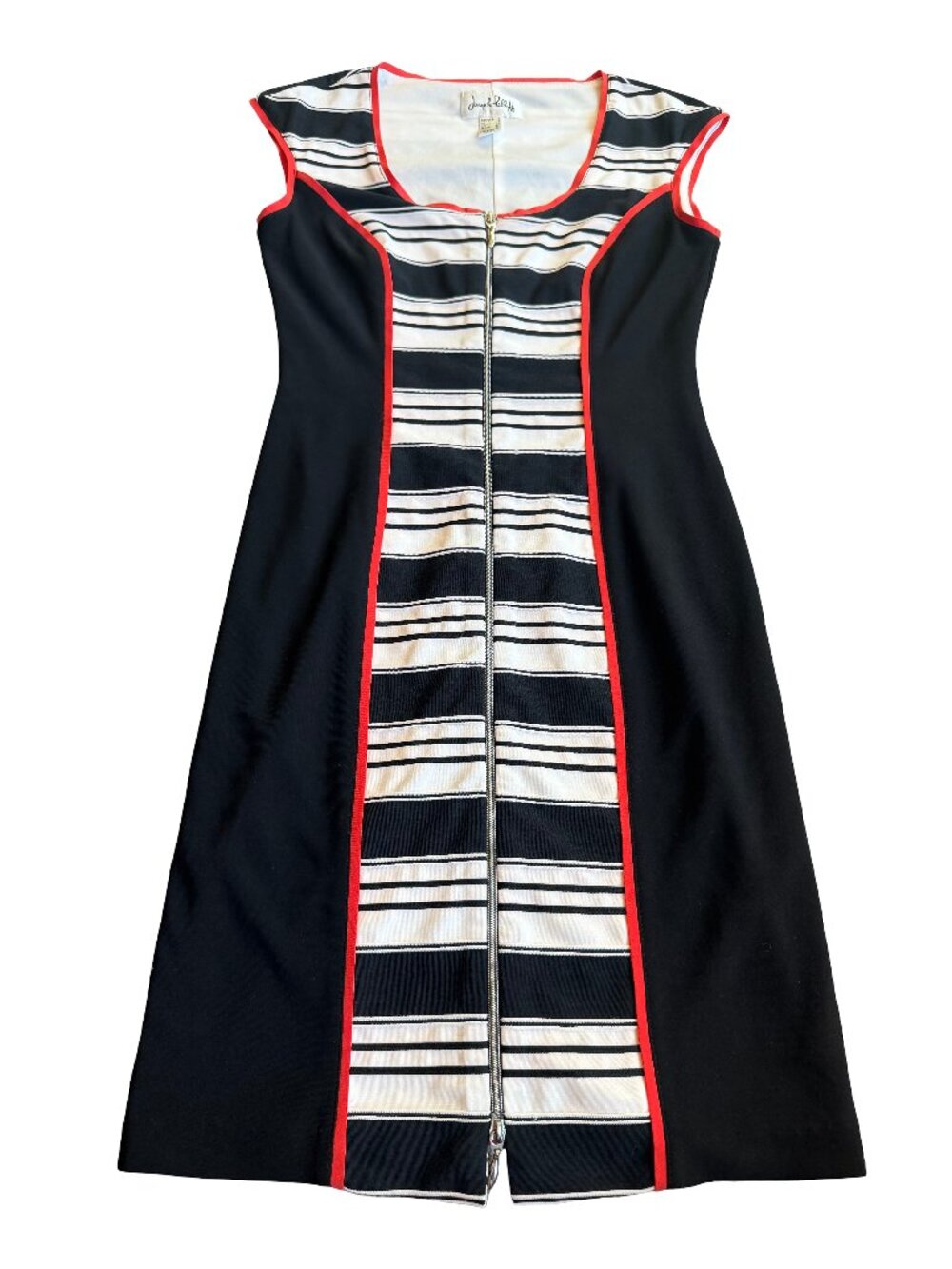 Joseph Ribkoff Black White Sheath Dress Fitted Flattering Stretch Red Trim Sz 4